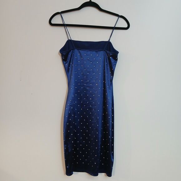 Blue Satin Rhinestone Mini Dress - Picture 3 of 5